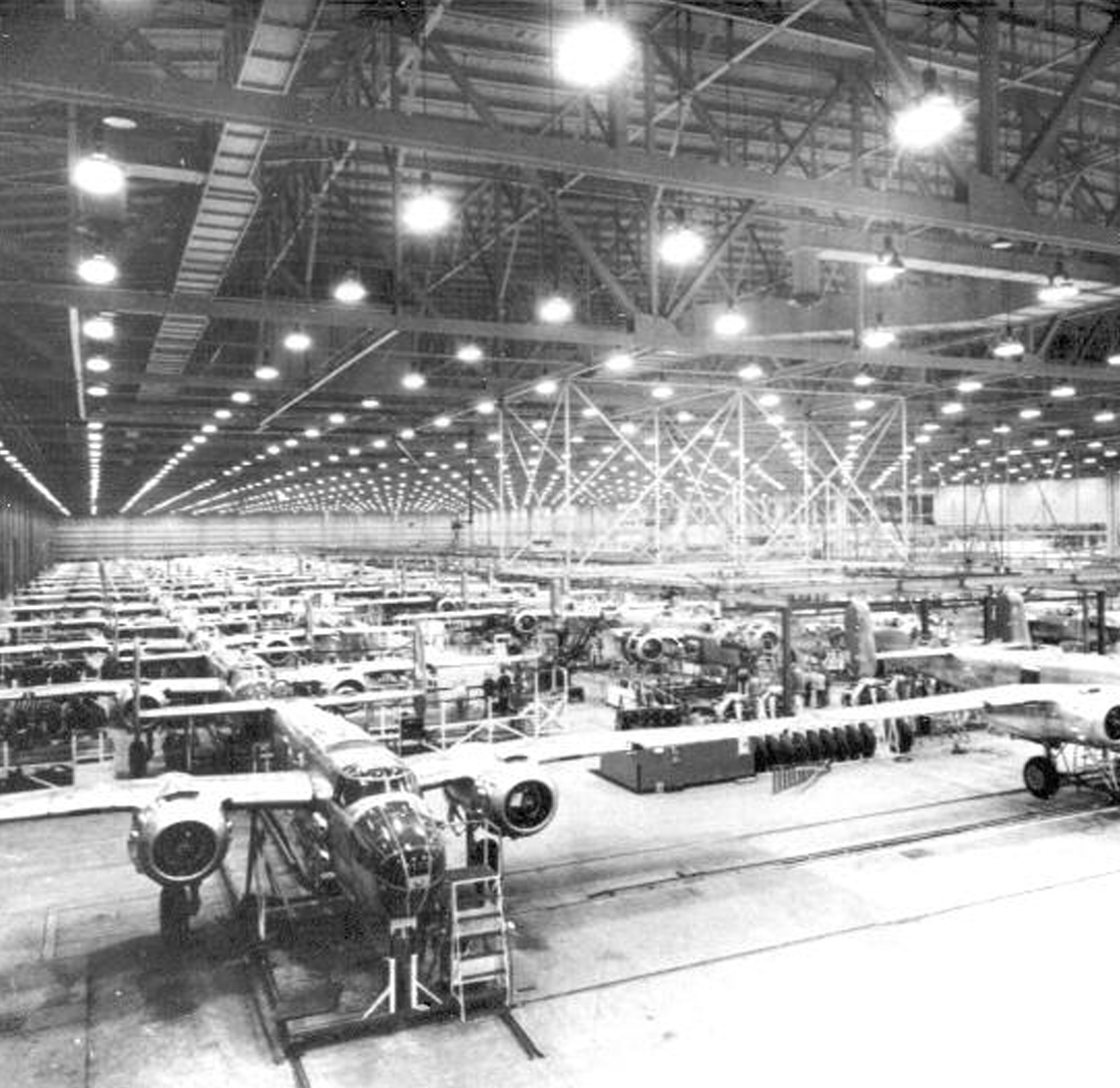 Aircraft assembly line in a Kansas City plant during WWII